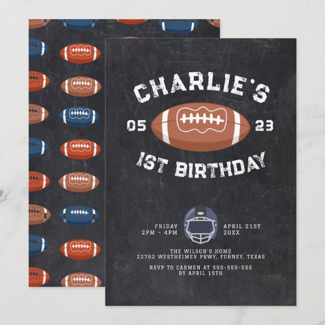 Invitation Chalkboard 1er anniversaire Football Party (Devant / Derrière)