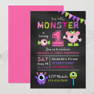 Invitation Chalkboard 1er anniversaire Little Monster Girl Pa
