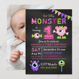 Invitation Chalkboard 1er anniversaire Little Monster Girl Pa