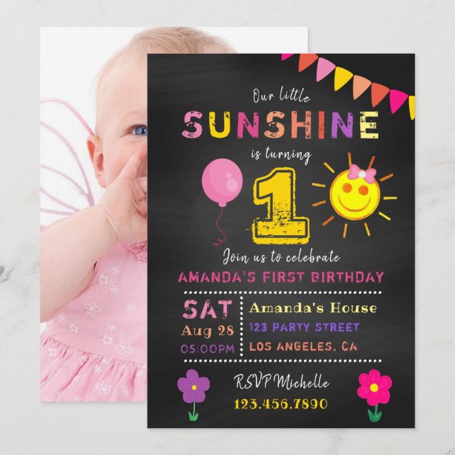Invitation Chalkboard 1er anniversaire Little Sunshine Girl P (Devant / Derrière)