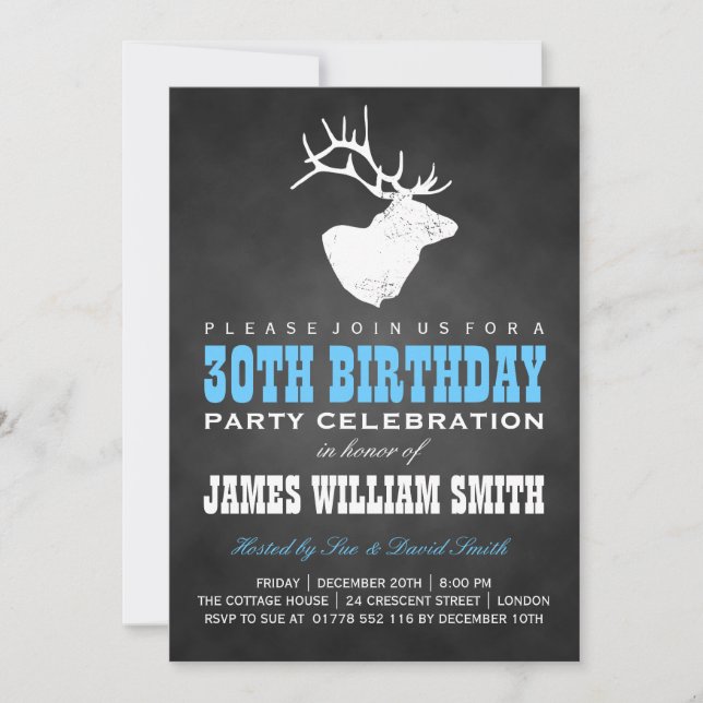 Invitation Chalkboard 30th Birthday Party Deer Black Blue (Devant)