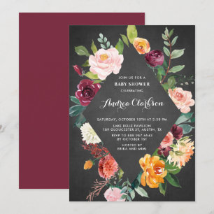 Invitation Chalkboard Aquarelle Automne Florals Baby shower