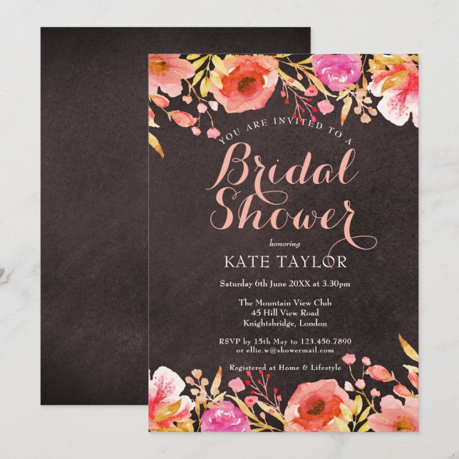 Invitation Chalkboard Aquarelle Fête des mariées florale (Devant / Derrière)