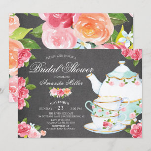 Invitation Chalkboard Aquarelle Foral Tea Fête des mariées