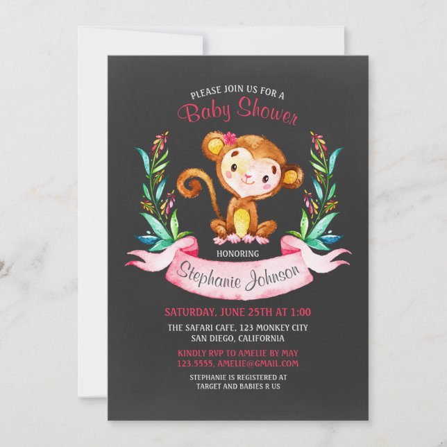 Invitation Chalkboard Aquarelle Singe Baby shower Fille (Devant)