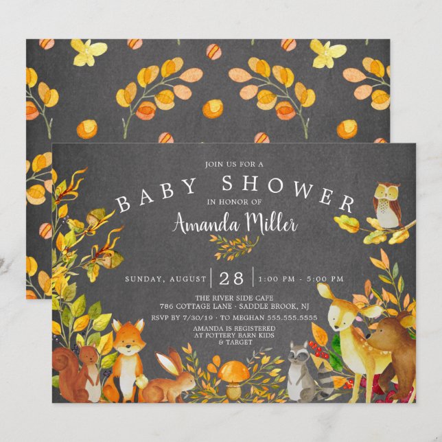 Invitation Chalkboard Baby shower d'animaux forestiers de boi (Devant / Derrière)