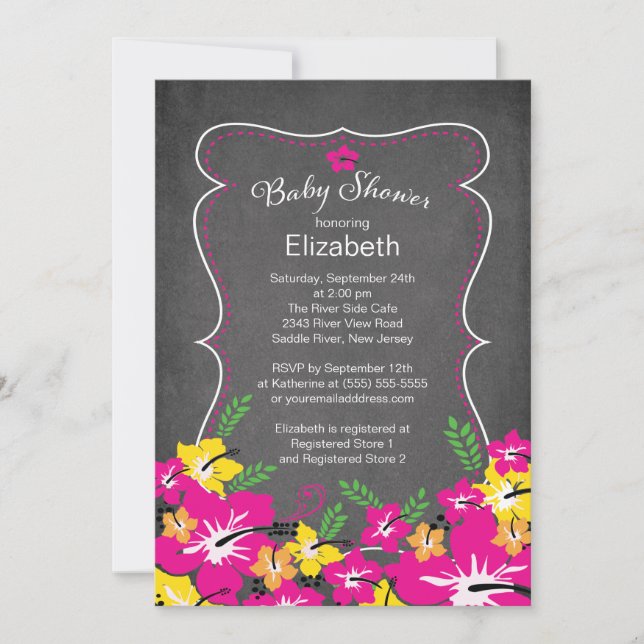 Invitation Chalkboard Baby shower des fleurs d'Hibiscus tropi (Devant)