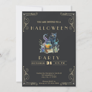 Invitation Chalkboard Black & Gold Black Cat Books Halloween