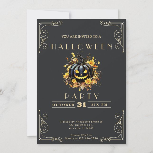 Invitation Chalkboard Black & Gold Black Citrouille Halloween (Devant)