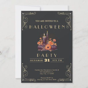 Invitation Chalkboard Black & Gold bougies Citrouille Hallowe