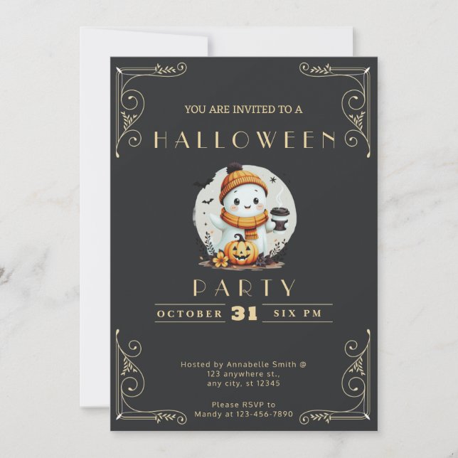 Invitation Chalkboard Black & Gold Ghost Café Halloween (Devant)