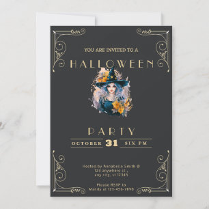 Invitation Chalkboard Black & Gold Jolie Sorcière Halloween