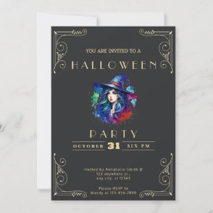 Invitation Chalkboard Black & Gold Witch Rainbow Halloween In