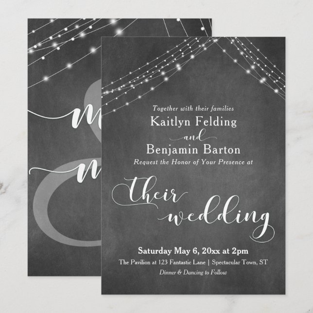 Invitation Chalkboard Blanc Chaînes de lumière Mariage de cal (Devant / Derrière)