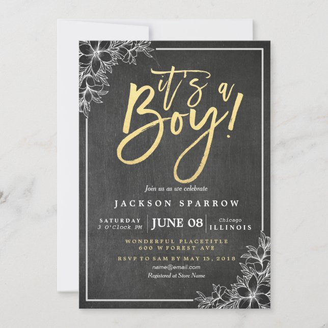 Invitation Chalkboard Blanc Floral Baby shower de script or (Devant)