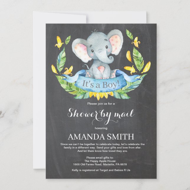Invitation Chalkboard Boy Elephant Baby shower par courrier (Devant)