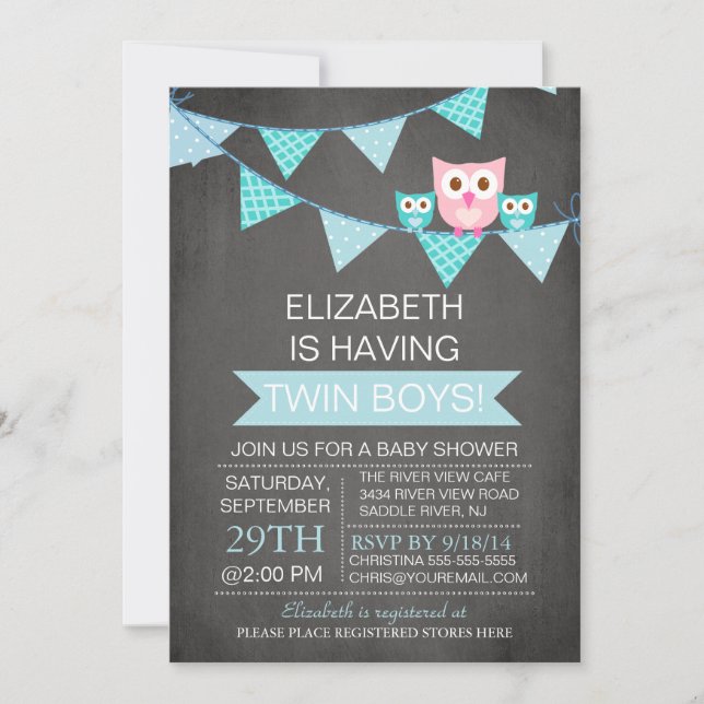 Invitation Chalkboard Bunl TWIN Boy Baby shower (Devant)