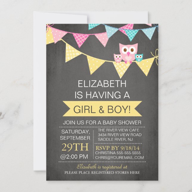 Invitation Chalkboard Bunl TWINS GIRL GARY Baby shower (Devant)