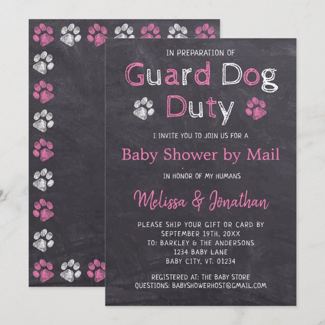 Invitation Chalkboard Chien rose Fille Baby shower par courri (Devant / Derrière)