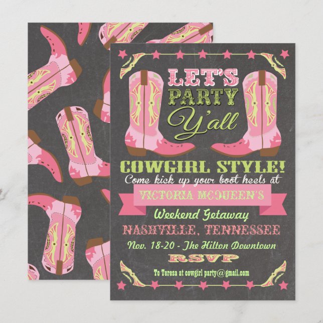Invitation Chalkboard Cowgirl Bachelorette Week-end Getaway (Devant / Derrière)