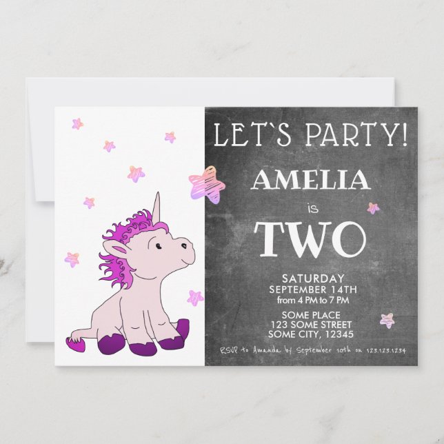 Invitation Chalkboard Cute Pink Unicorn 2e anniversaire (Devant)