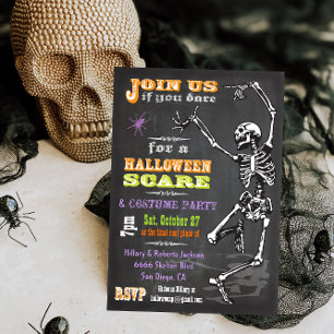 Invitation Chalkboard Dancing Skeleton Halloween Party Invite