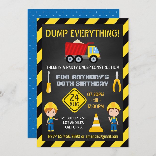 Invitation Chalkboard de construction Anniversaire Fête n'imp (Devant / Derrière)