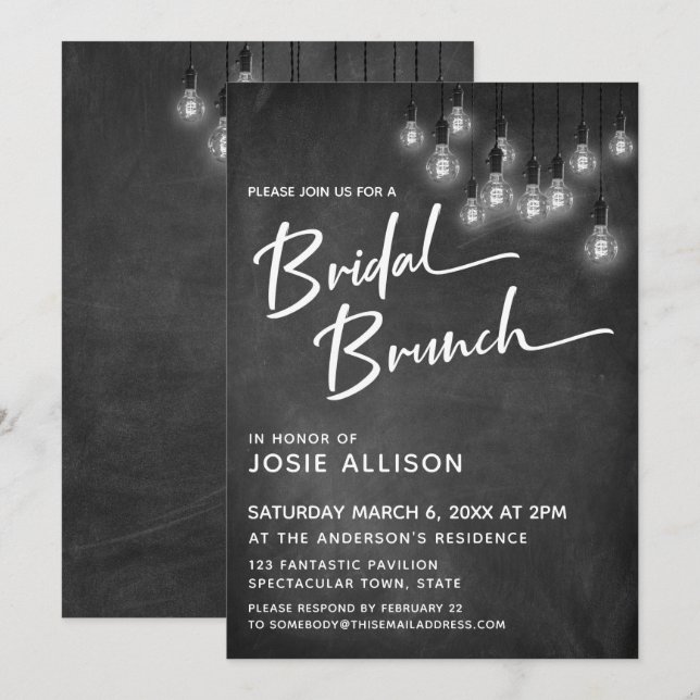 Invitation Chalkboard Edison Lights Moderne Brunch nuptial (Devant / Derrière)