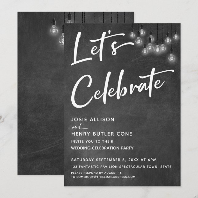 Invitation Chalkboard Edison Lights Moderne Fêtons (Devant / Derrière)
