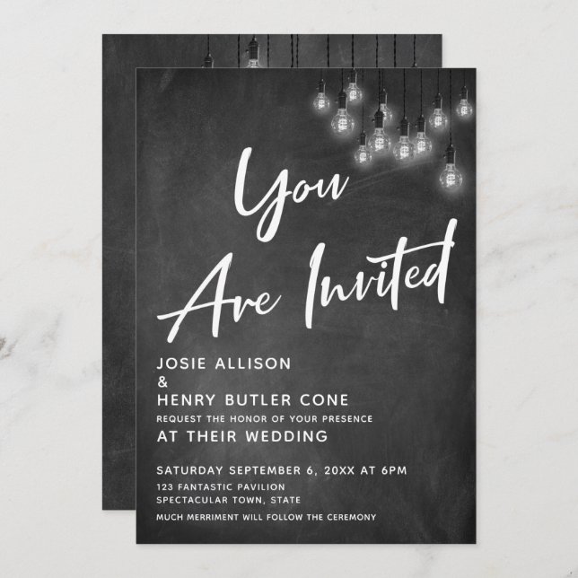 Invitation Chalkboard Edison Lights Vous Êtes Invité Mariage (Devant / Derrière)