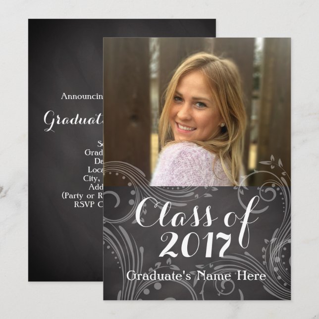 Invitation Chalkboard Elegant Class of 2016 Photo Graduation (Devant / Derrière)