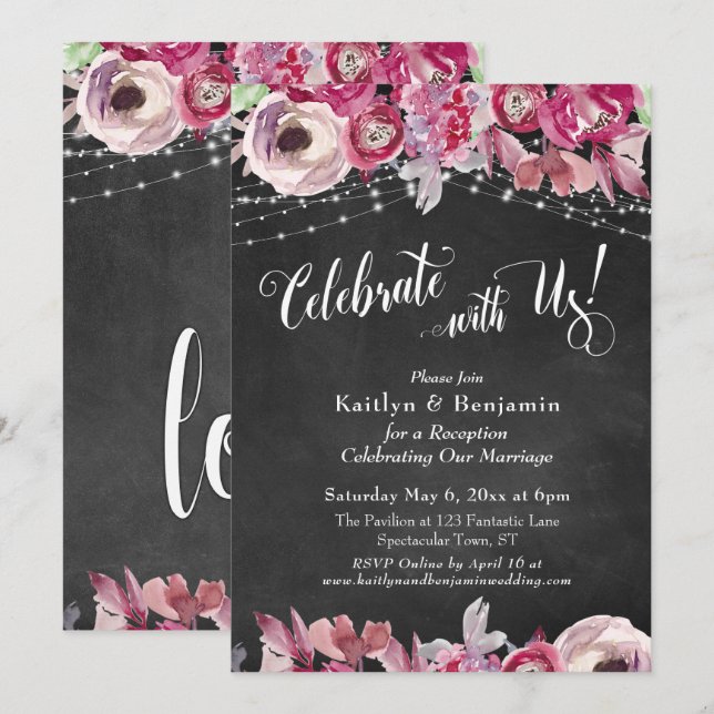 Invitation Chalkboard Floral Lights Célébrez avec nous! Parti (Devant / Derrière)