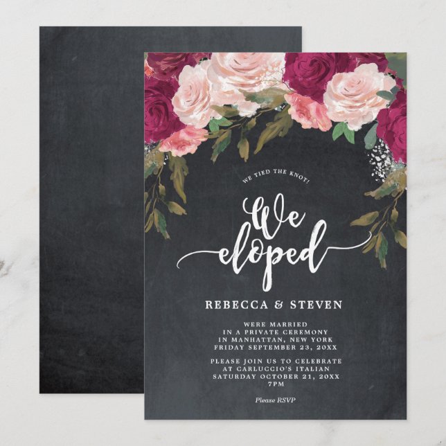 Invitation chalkboard floral moderne nous avons elopé invitat (Devant / Derrière)