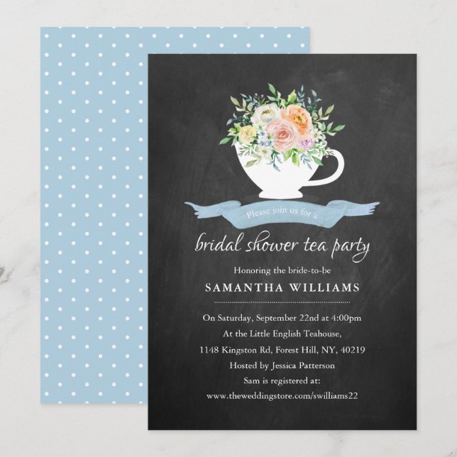 Invitation Chalkboard Floral Tea Party Fête des mariées Tea P (Devant / Derrière)