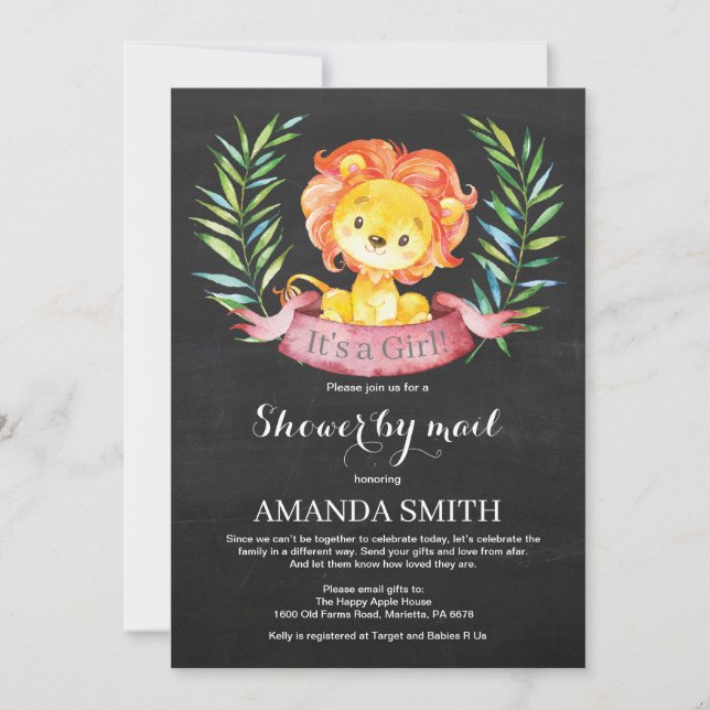 Invitation Chalkboard Girl Lion Baby shower par courrier (Devant)