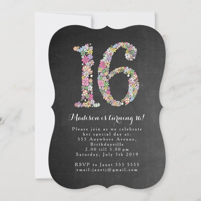 Invitation Chalkboard Girls Floral 16e anniversaire Invitatio (Devant)