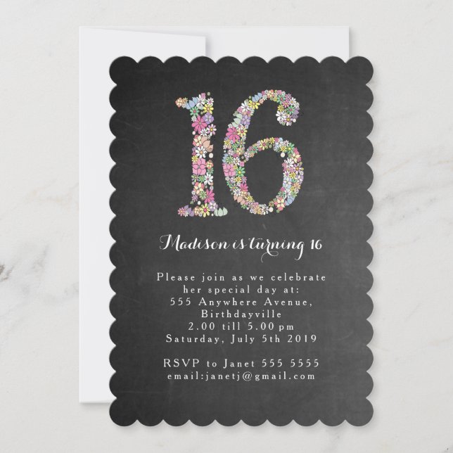 Invitation Chalkboard Girls Floral 16e anniversaire Invitatio (Devant)
