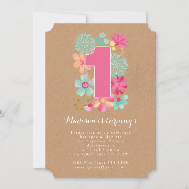 Invitation Chalkboard Girls Floral 1er anniversaire Invitatio (Devant)