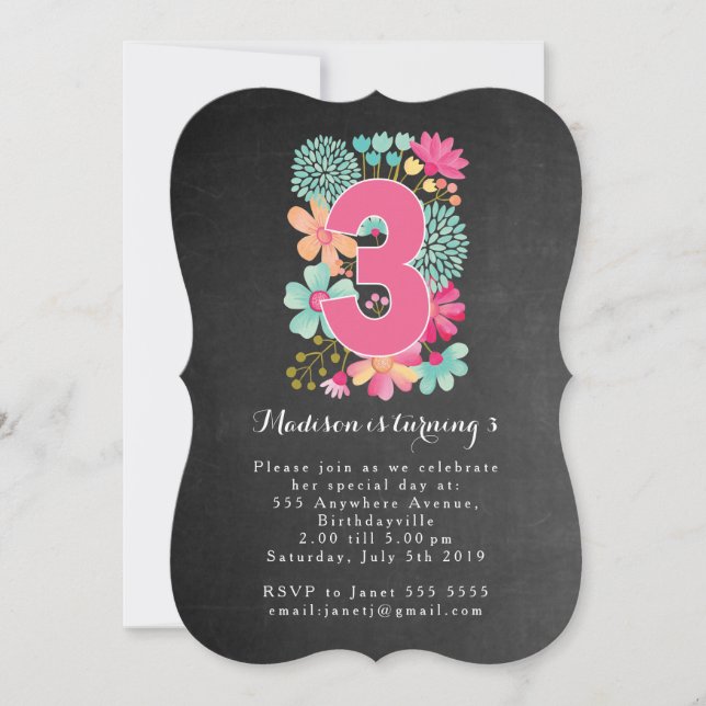 Invitation Chalkboard Girls Floral 3ème anniversaire Invitati (Devant)