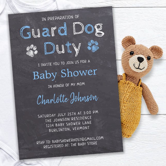 Invitation Chalkboard Guard Chien Duty Blue Boy Baby shower (Créateur téléchargé)