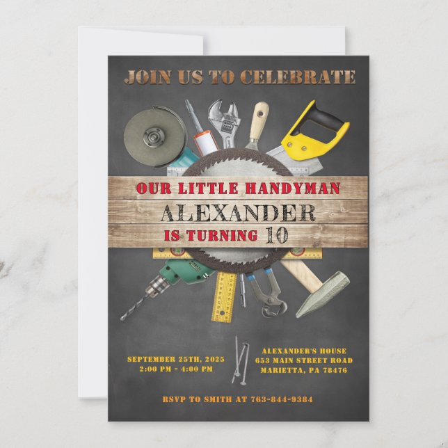 Invitation Chalkboard Handyman Outils et Gadgets Anniversaire (Devant)