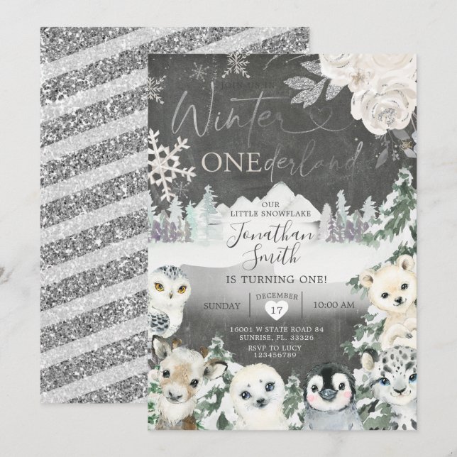 Invitation Chalkboard Hiver Animal Onederland Anniversaire (Devant / Derrière)