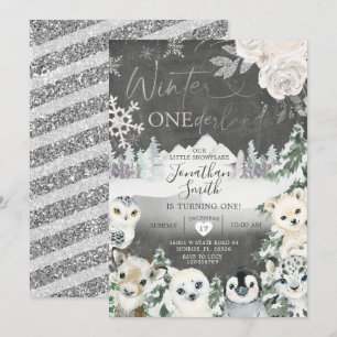 Invitation Chalkboard Hiver Animal Onederland Anniversaire