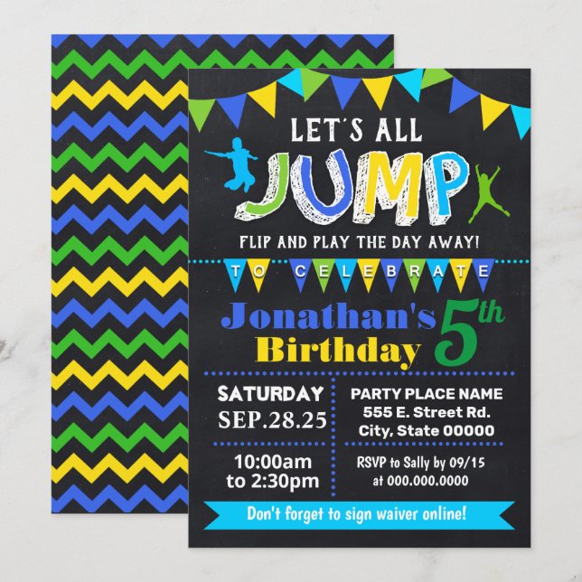 Invitation Chalkboard Jump anniversaire trampoline bleu fête (Devant / Derrière)
