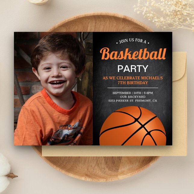 Invitation Chalkboard Kids Basketball Anniversaire Photo (Créateur téléchargé)