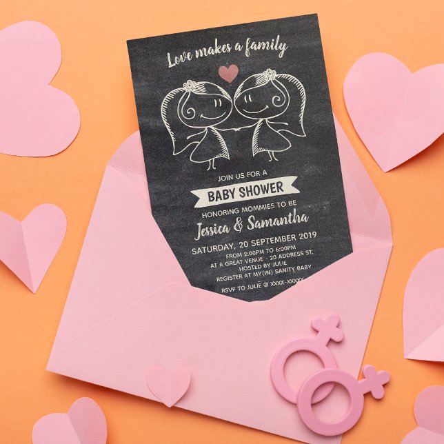 Invitation Chalkboard Love fait un Baby shower LGBT de famill (Designed for proud moms to be, this modern invitation will set the mood for your baby shower.)