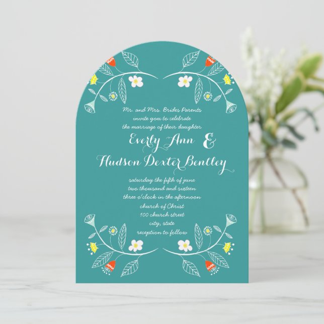 Invitation Chalkboard Mint et Coral Floral Garland Mariage (Debout devant)