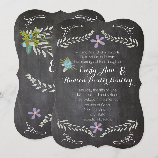 Invitation Chalkboard Mint Lilac Aqua Floral Garland Mariage (Devant / Derrière)