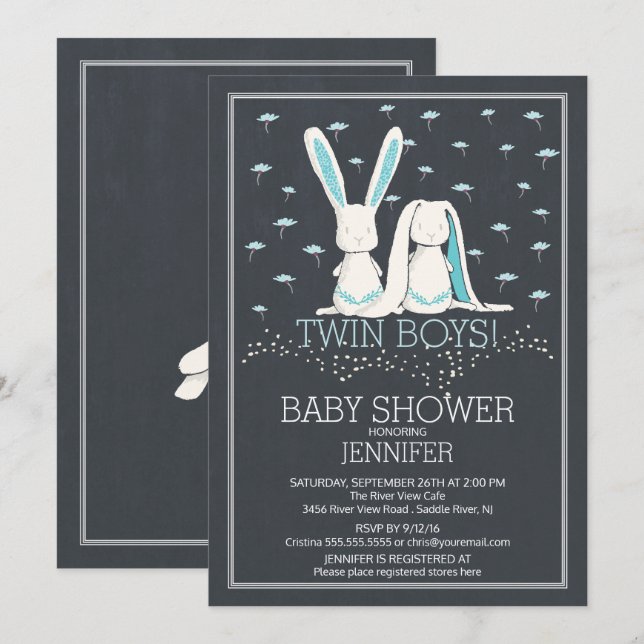 Invitation Chalkboard moderne Bunny TWIN Boys Baby shower (Devant / Derrière)