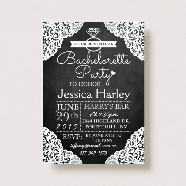 Invitation Chalkboard moderne et Bachelorette en dentelle bla (Créateur téléchargé)